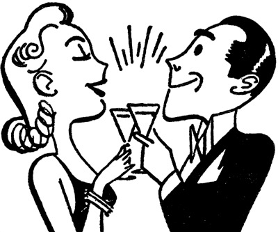 black line drawing of fancy dressed man and woman toasting with champagne