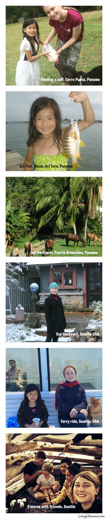 6 photos in a vertical stack. 3 of life in Panama and 3 in seattle, WA
