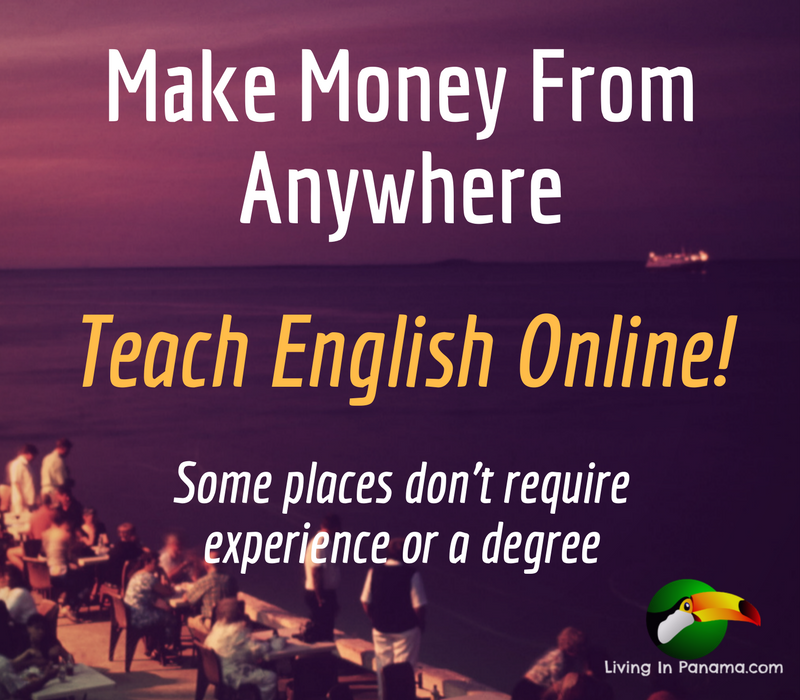 photo of waterfront dining in the evening with text about teaching English online