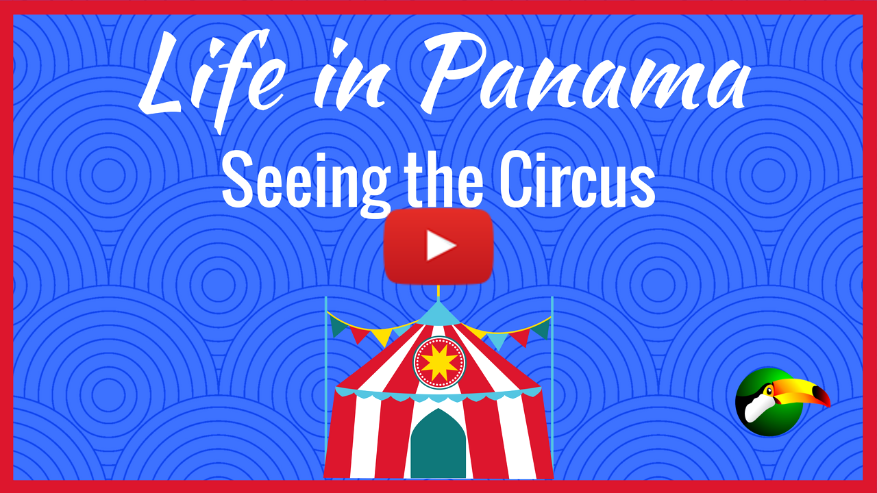blue rectangle, red border, and circus tent and text
