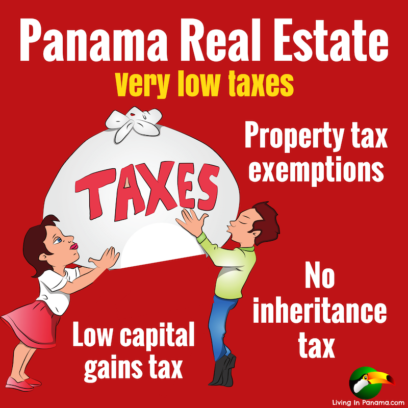 graphic of 2 people hold big bag of taxes and text about panama real estate taxes on red background